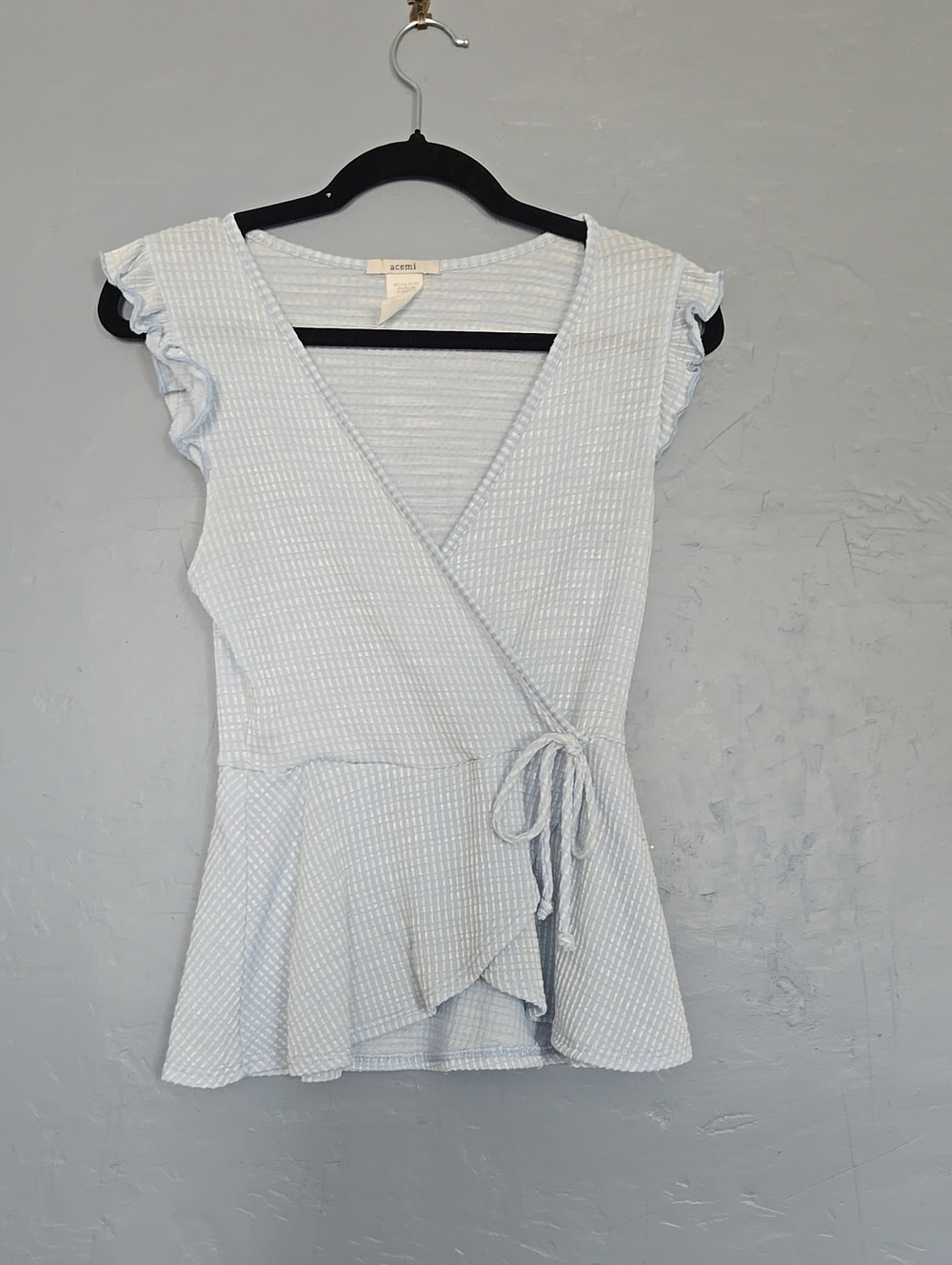 Acemi Light Blue Wrap Ruffle Sleeve Peplum Top